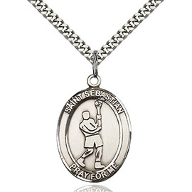 Bonyak Jewelry Saint Medal Collection Sterling Silver St. Sebastian Pendant 1 x 3/4 inches with Heavy Curb Chain