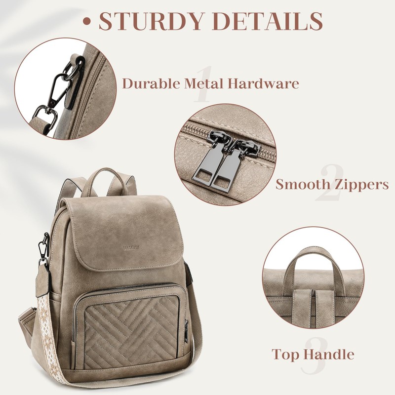 VASCHY Backpack for Women, Chevron Quilted Vegen Leather Flap Backpack