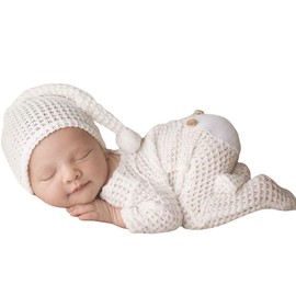 Newborn Baby Photo Shoot Props Girl Boy Crochet Knit Hat Costume Stripe Hat Pants Overalls Photography Props (off white)