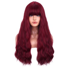 BERON 26 Inches Wine Red Wig with Bangs Long Curly Wig Red Curly Wigs for Women Daily Party and Cosplay Hairnet Include