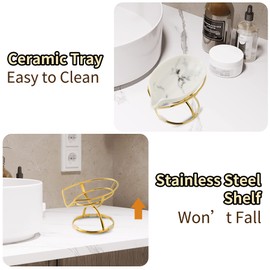 Dobbyby Leaf-Shaped Soap Dish – Ceramic Soap Bar Holder with Self-Drainage System – Bar Soap Holder for Shower, Bathroom Sink, Kitchen – Soap Dish with Stainless Steel Stand (White-Gold-2 Pack)