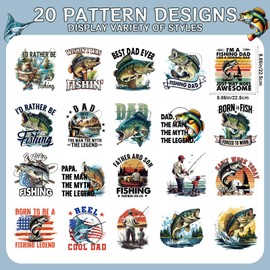 Falueqg Dtf Transfers Ready to Press - 20Pcs Gone Fishing Dad Iron on Transfer for Tshirts, Father's Day Iron on Decals Patches, Fish Lovers Heat Transfer for DIY Clothes Bags Hats, Father's Day Gifts