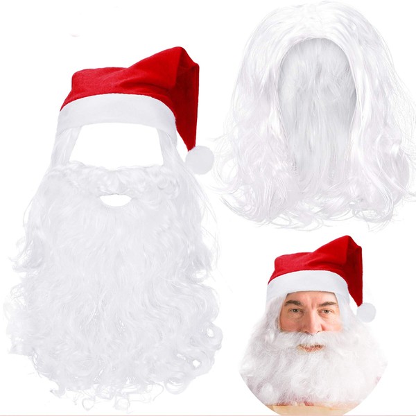 WILLBOND Christmas Santa Costume Set Long White Santa Claus Hat Beard and Wig Set for Christmas Party Costume Accessories