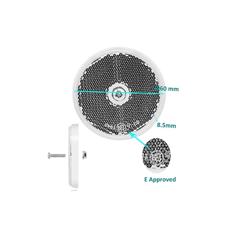 DARKGUARD 4 x Round Reflectors White Diameter 60 mm Approved,