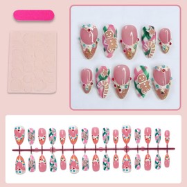 Christmas Press on Nail Cute Fake Nails Almond Shape with Candy Cane Gingerbread Man designs Acrylic False Nails Full Cover 3d Pink Glue on Nails Glossy Nail Decorations for Women Holiday24pcs