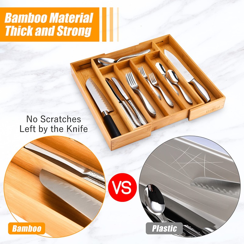 Bellsal Silverware Organizer Kitchen Drawer Organizer Expandable Bamboo Utensil Holder