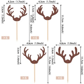 24 piezas de adornos para cupcakes de cuernos de ciervo de Navidad con purpurina para baby shower, boda, caza, rústico, cumpleaños, Navidad, fiesta, decoración de pasteles, color café