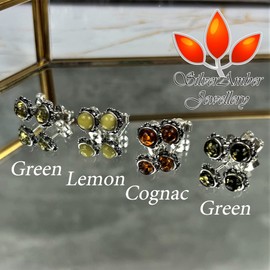 SilverAmber Jewellery - Classic Genuine Green Baltic Amber 925 Sterling Silver Antique Look Bloom Button Ball Studs Round Earrings 5940