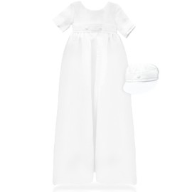 Carriage Boutique Baby Boys Satin White Long Christening & Baptism Gown with Matching Hat - Baptism Gown, Baby Boy Christening Clothes, Baptism Gowns Infant, Boys Christening Gowns, 6-12M