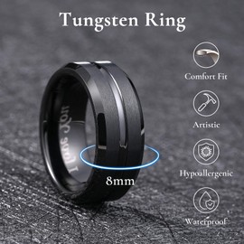 King Will Tungsten Carbide Wedding Band for Men-8mm Black Center Grooved Wedding Ring with Laser I Love You Suitable For Every Day Wear Comfort Fit Size 10