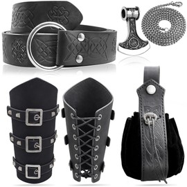 3 piezas de cinturón de piel vikingo medieval, bolsa de cinturón retro, collar de hacha, accesorios de caballero renacentista LARP Ren Faire, Juego de 5 piezas negro, Talla única