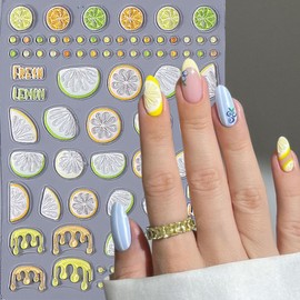 1 Sheet Summer Fruit Nail Art Stickers Decals 5D Embossed Fruit Nail Decals Yellow Green Lemon Nails Art Supplies Self-Adhesive Nails Design Stickers for Women DIY Manicure Decoration Accessories