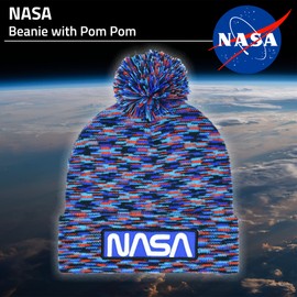 Concept One NASA Logo Knitted Acrylic Intarsia Winter Beanie Hat with Cuff and Pom, Multi, One Size