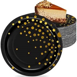 60PCS Round Paper Dessert Plates 7 Inches, Black and Gold Plates, Dinner Plates Gold Foil Polka Dots for Parties, Party Supplies
