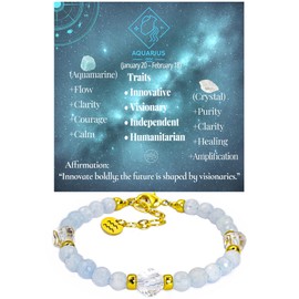 Aquarius Zodiac Bracelet Aquamarine Clear Quartz Crystal Healing Beads Bracelet 12 Constellations Bracelets Adjustable Astrology Jewelry Gift Women