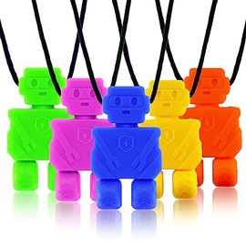 Paquete de 5 collares sensoriales para masticar con motor oral, para más de 3 años con TDAH, autismo, SPD, estimulación motora oral, necesidades especiales (robot)