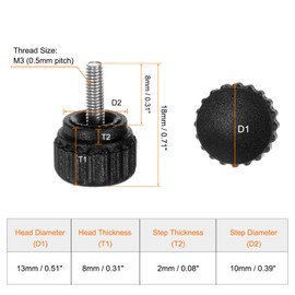 sourcing map 10pcs Knurled Clamping Knobs Thumb Screws M3 x 8mm Metric Male Thread 13mm Matte Plastic Head 304 Stainless Steel Stud Hand Threaded Knob Thumbscrew Handle, Black
