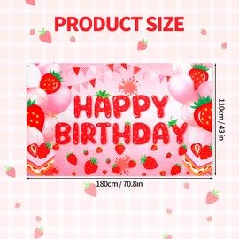 Tinoaly Strawberry Birthday Banner, 70.8x43in Colorful Strawberry Theme Birthday Party Decor Cute Banner Decorations with Ribbon for Yard Garden Indoor Outdoor Party Celebrations Photo Backdrop