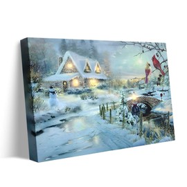 TYPTEK Christmas Wall Art Village Snowy Winter Cottage Scene with Cardinals, Stone Bridge & Lamp Post Canvas Pictures Print for Holiday Home Decor, Festive Aesthetics Seasonal Artwork 11x14inch
