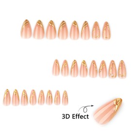 24Pcs Almond Press on Nails Medium Length Gold French Tip Fake Nails with Pearl Designs Glue on Nails 3D French Lines False Nails Nude Acrylic Nails Gold Irregular Lines Stick on Nails for Women