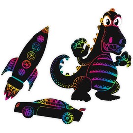 Ursus 24540002F Magic Scratch Motifs Boys Black with Rainbow Effect 6 Sheets 250 g/m² Includes 1 Bamboo Pen Sticker Eyes and Scratch Instructions Ideal as a Gift Colourful
