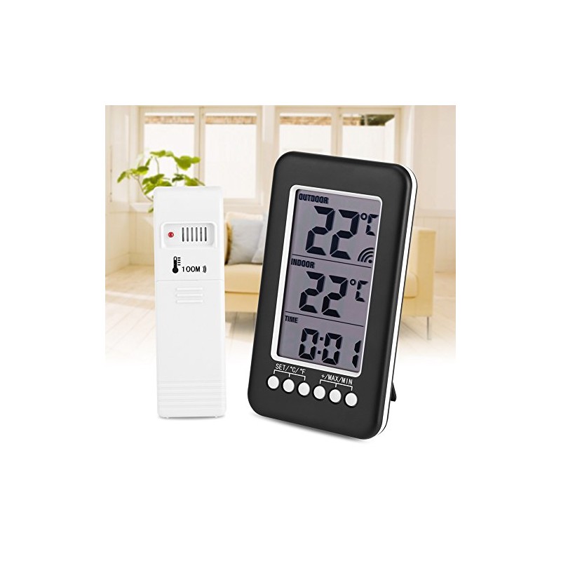 LCD Digital Indoor Outdoor Thermometer Clock Temperature Meter Wireless Transmitter