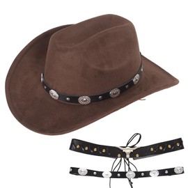 Barelove Western Cowboy Hats for Women Men, Wide Brim Fedoras Hat, Studded Pinched Suede Cowgirl Hats with 2 Belt (Brown)