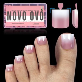 NOVO OVO Ombre French Tip Press on Toe Nail Tips, Sharp Square Pre-Designed Soft Gel False Toenail Extension, BERRY PINK Pre-applied Tip Primer & Base Coat, Full Cover Acrylic DIY x 15 Sizes 240 pcs