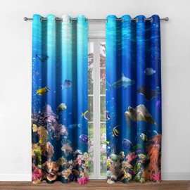 Jekeno Ocean Animal Blackout Curtains Underwater World Sea Turtle Shark Coral Fish Nature Landscape Print Decor Bedroom Living Room Darkening Grommet Window Drapes 2 Panel Set,Blue 52"x 63"