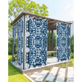 Outdoor Curtains Waterproof for Patio, Blue Retro Geometric Abstract Pattern Plant Print Grommet Top Vertical Drapes, Indoor/Outdoor Window Shade for Porch, Balcony, Garden, Cabana Decor 52"x84"x2