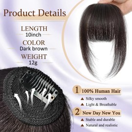 Jijukor Clip In Bangs 100% Human Hair Bangs French Dark Brown Clip In Bangs Fringe with Temples Real Human Hair Fake Bangs Extensions for Women Daily Wear
