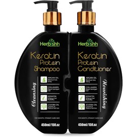 Shampoo y Acondicionador de Keratina Herbishh – Hidratante y Nutritivo para Cabello Seco y Dañado Sin Sulfatos Fórmula Vegetal con Aceite de Argán, Colágeno y Jojoba Set 2 Piezas (450 ml c/u)
