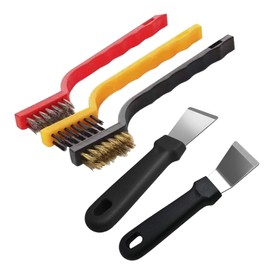 ZAOIIZ 5Pcs Kitchen Stove Cleaning Brush + Scraper Tool Set, Brass, Stainless Steel and Nylon Brush Head Brushes for Range Hood Grease Grime, Heavy Duty Scraper for Gas Burners Cooktop Pot Pan