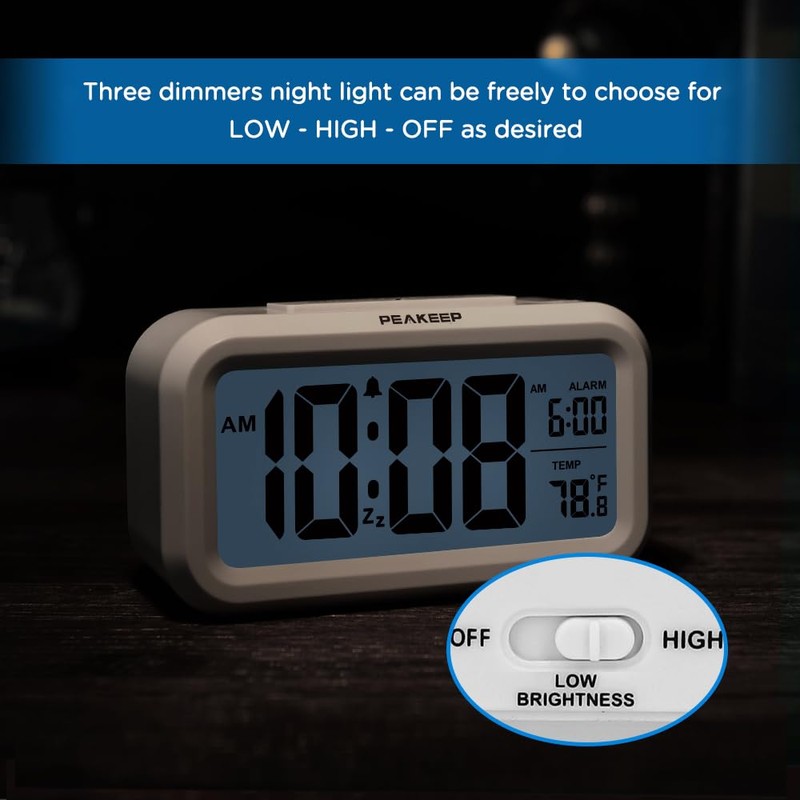 Peakeep Night Light Digital Alarm Clock Battery Operated with Indoor