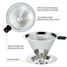 Pour Over Coffee Dripper Slow Drip Paperless Coffee Filter, Double Mesh Stainless Steel Pour Over Coffee Maker for Single Cup Brew Cone Filter, Integrated Cone Coffee Drip Fine Mesh Strainer(3-4 Cup)