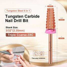 5 in 1 Nail Drill Bit, Tungsten Carbide Multi-Function Bit for Acrylic Nails, Hard Gels, Cuticles Removal, 3/32" Shank, Two-Way Rotation for Left & Right-Handed Use (3XC Grit, Rose Gold)