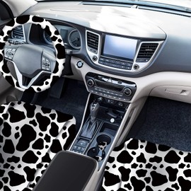 Cow Print Car Accessories Car Seat Cover for Women Men Cow Rubber Steering Wheel Cover Cup Holders Keyring Armrest Seat Belt Pads Wrist Strap for Most Car, SUV()