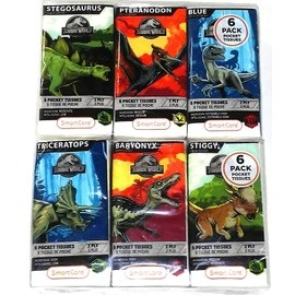 SMARTCARE Jurassic World Pocket Facial Tissue Featuring Triceratops, Baryonyx, and Stiggy - 6 Pack