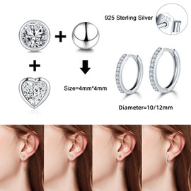 Ecripe 5 Pairs 925 Sterling Silver Earrings Set for Women, 3 Pairs Mini Stud Earrings, 2 Pairs of Hoop Earrings with Cubic Zirconia, Hypoallergenic Small Cartilage Earrings for Girls, Sterling Silver