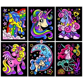 Unicorn Joy - 6 Pack of Fuzzy Velvet Coloring Posters for Kids, Toddlers, Girls (All Ages Arts and Crafts Coloring Activity) Shareable Fun with Rainbow, Moon, Mermaid, Flower, and More