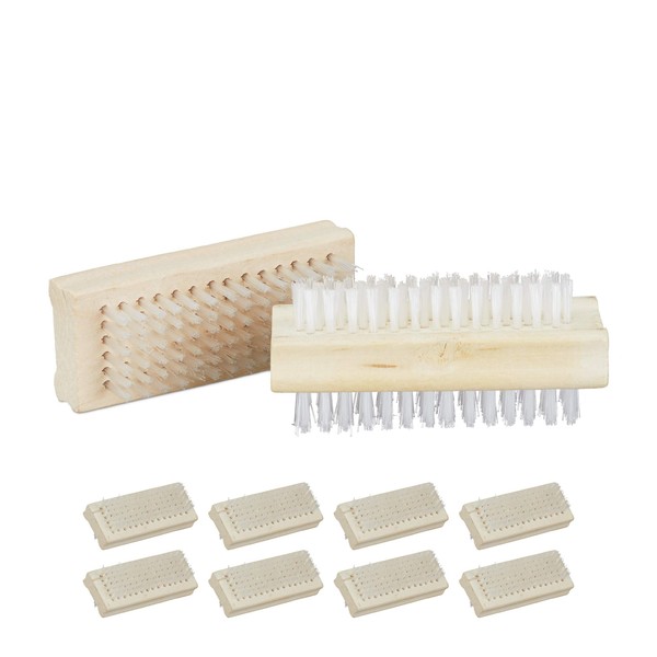 Relaxdays Wooden Nail Brush, Set of 10, Double-Sided, Plastic Bristle, Bathroom, H x W x D: 4 x 9 x 3.5 cm, Natural, Wood, Pack of 10