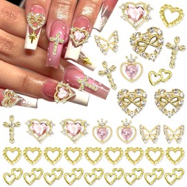 YAEISM Gold Nail Charms 35PCS Crystal Heart Nail Charms 3D Alloy Cross Nail Charms Metal Butterfly Charms Nail Rhinestones for Women Nail Art and DIY Crafts