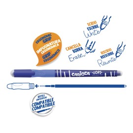 Carioca Oops Erasable Ballpoint Pen, Refillable Pen Set for School and Office with Eraser and Ergonomic Handle, Blue Pens, 6 Items