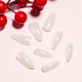 White Chrome Press on Nails Almond Fake Nails Medium False Nails with Design Mirror Solid Color Acrylic Glue on Nail Reusable Full Cover Stick on Nail for Women DIY Manicure Decoration 24Pcs