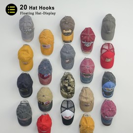 ETOWIFA 20 Pack Hat Organizer Rack for Baseball Caps, Adhesive Hat Holder Floating Display for Wall, Over the Door and Closet, No-Drilling Room Organization & Decor Hook Accessories