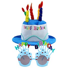 GLAITC Happy Birthday Hat,Birthday Hat with Birthday Glasses Plush Happy Birthday Cake Hat for Birthday Party Glasses for Girls Adults Party Decoration blue