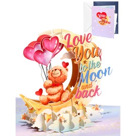 JMHACHY Pop Up Valentine's Day Card - Cute Teddy Bear 3D Anniversary Cards with Envelopes, Heart-shaped Balloons Love You to The Moon and Back Card for Wife Husband Him Her Boyfriend Girlfriend