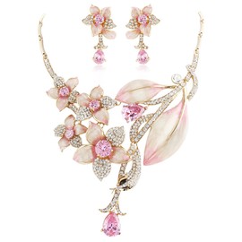 EVER FAITH Hibiscus Leaf Necklace Earrings Set Cubic Zirconia Crystal Pink Gold-Tone