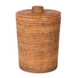 Kouboo La Jolla Rattan Round Plastic Insert & Lid, Large, Honey-Brown for Bedroom, Living Room and Bathroom Basket for Dry and Organic Waste