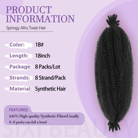 Springy Afro Twist Hair 18inch Marley Twist Braiding Hair 8 Packs Pre Separated Wrapping Hair for Soft Locs Kinky Twist Crochet Hair for Women (1B, 18Inch (Pack of 8))